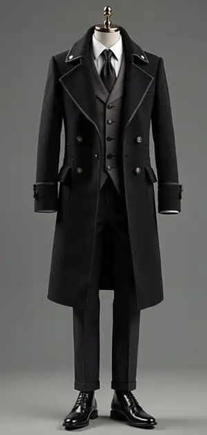 Sleek black Coats with tailored overcoat and silver buttons.