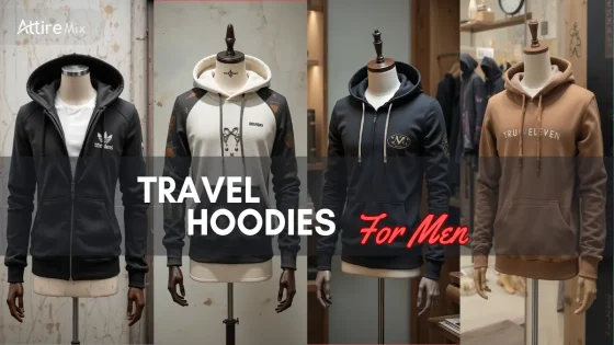A variety of men's travel hoodies displayed on mannequins.