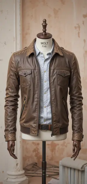 Brown leather jacket with front pockets and a relaxed fit for travel.