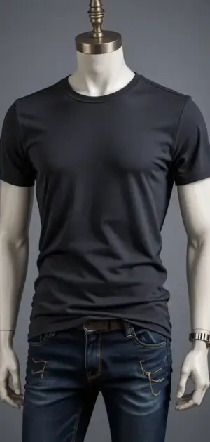 Plain black fitted T-shirt paired with dark denim jeans on a mannequin