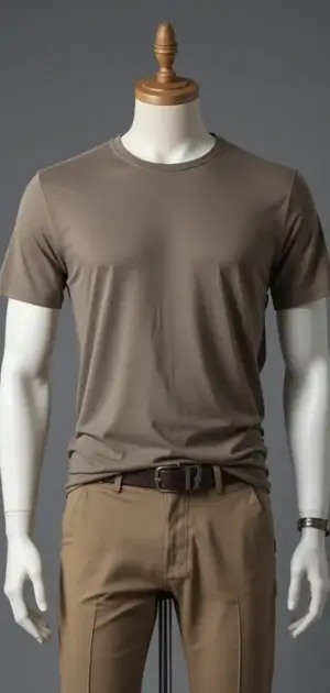 Neutral-toned taupe T-shirt paired with beige trousers on a mannequin