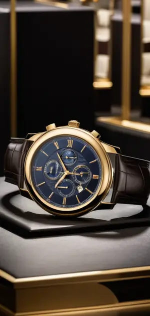 Navy and gold chronograph watch with a black leather strap, displayed on a luxury stand.