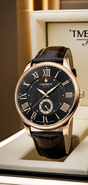 Elegant black and gold wristwatch with Roman numerals and a brown leather strap.