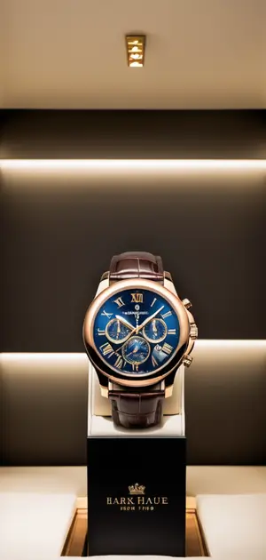 Luxury blue and gold chronograph watch displayed in an elegant setting.