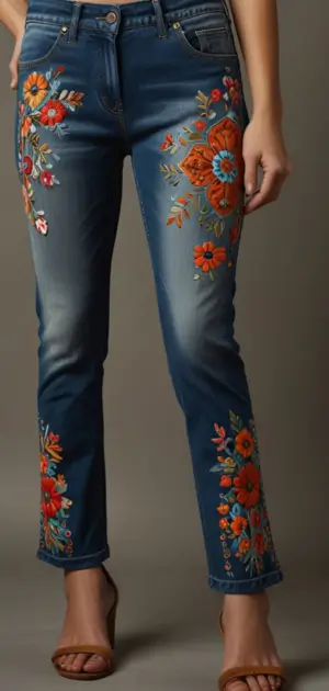 Flowy wide-leg denim harem pants in light blue wash.
