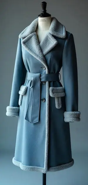 Blue shearling-lined coat with a belted waist.