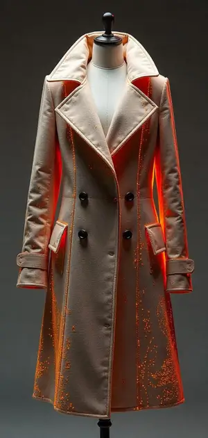 Beige trench coat with glowing orange seams