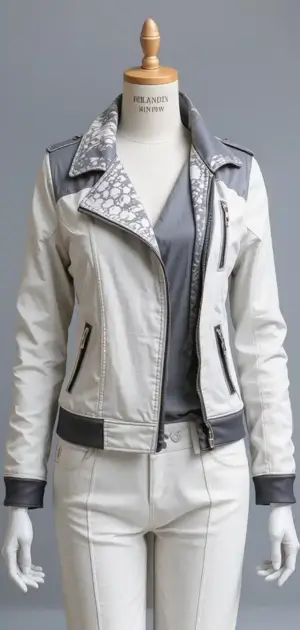 Elegant white and gray leather jacket with patterned lapels.