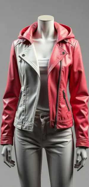 Stylish two-tone red and white leather jacket with a hood