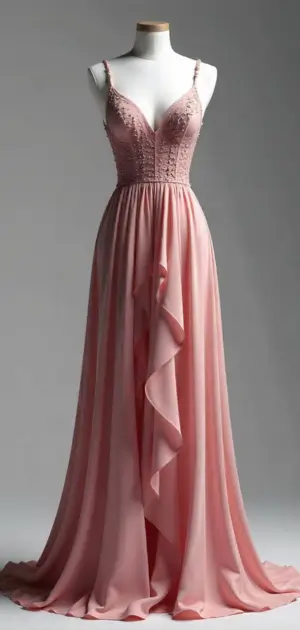 Blush pink gown with a lace bodice, delicate straps, and a cascading chiffon skirt