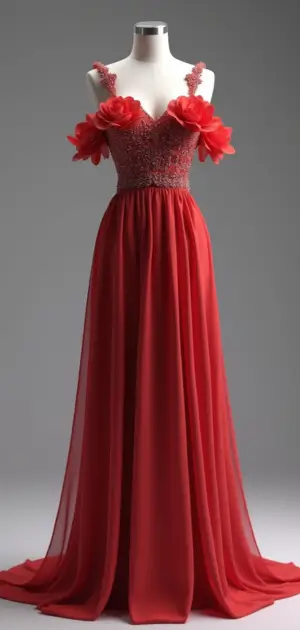 Red evening gown with floral shoulder embellishments and a sheer flowing skirt