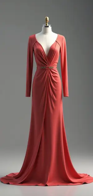 Rust red long-sleeve gown with a deep V-neckline and gathered waist