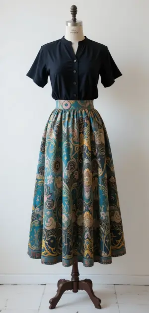 Mannequin styled with a teal floral maxi skirt and black blouse.