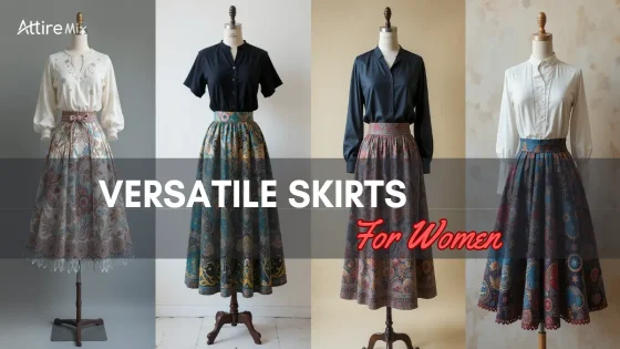 Mannequins showcasing colorful, patterned skirts with chic blouses.