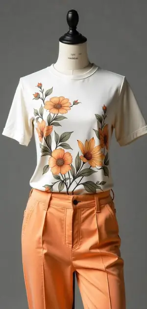 White T-shirt with soft orange floral prints, paired with matching trousers.