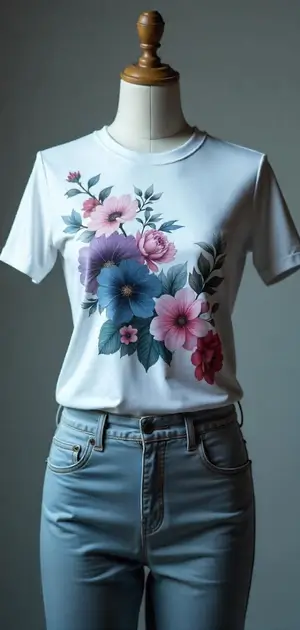 White T-shirt with colorful floral prints, paired with light blue jeans.