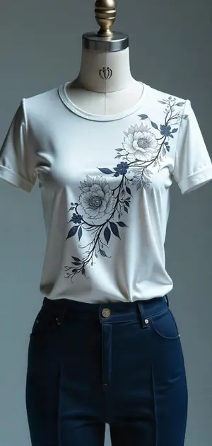 White T-shirt with elegant navy blue floral prints.