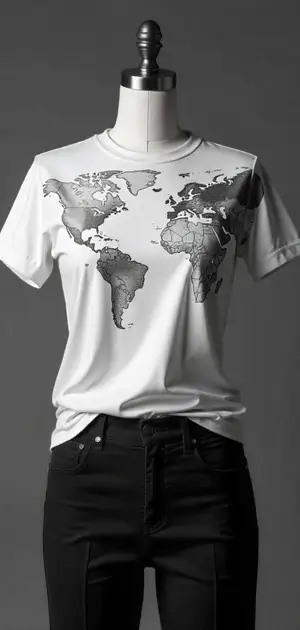 White T-shirt featuring a world map print in grayscale
