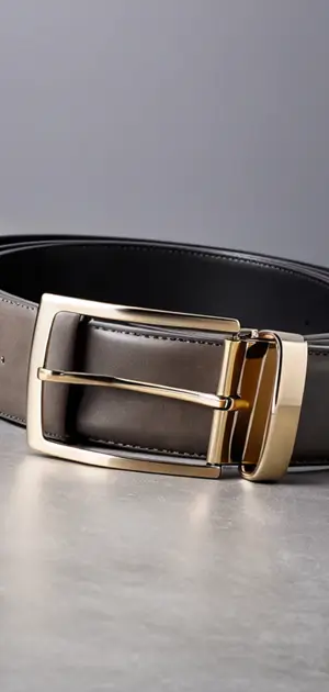 A dark brown leather belt with a gold buckle.