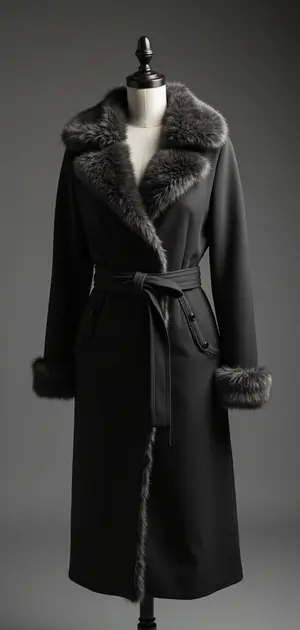 Black belted wool coat with faux fur trim.