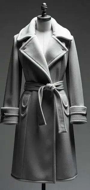 Light grey wool trench coat with a belted waist.