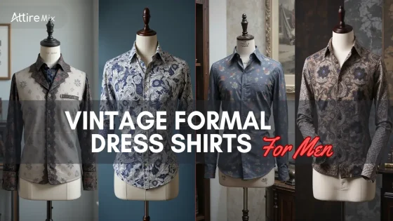 Various vintage-inspired men's dress shirts with floral and lace motifs.