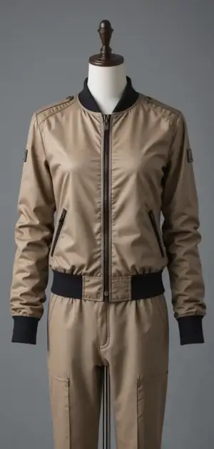 Beige bomber-style jacket with black ribbed cuffs and a zip closure on a mannequin.