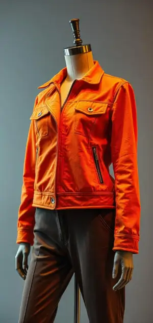 Bright orange utility-style jacket with black zipper pockets on a mannequin