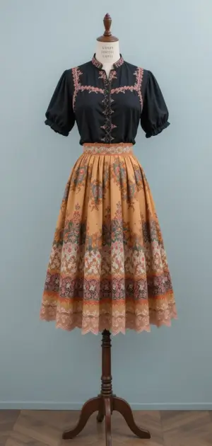 Mustard vintage skirt with patterned borders and a black embroidered blouse.