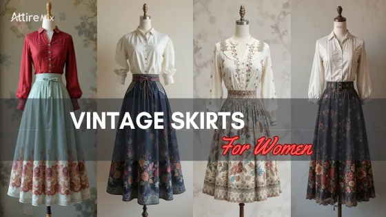 A collection of vintage skirts with floral prints styled with retro blouses.