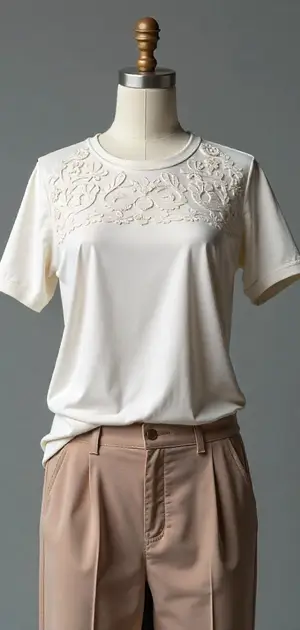 White T-shirt with delicate lace embroidery on the upper chest area.