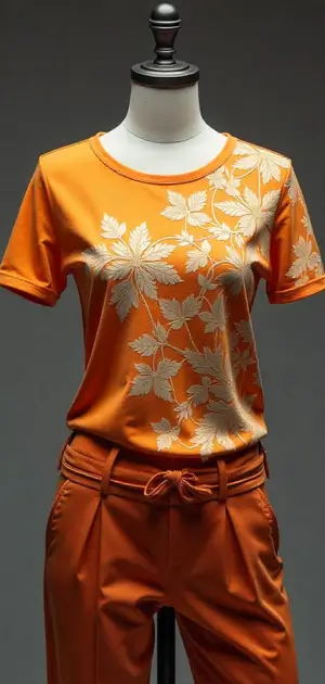 Vibrant orange T-shirt with large embroidered leaves, styled with orange trousers