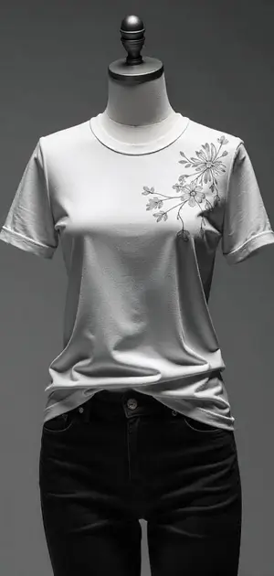 Grayish-white T-shirt with subtle floral embroidery, styled with black jeans