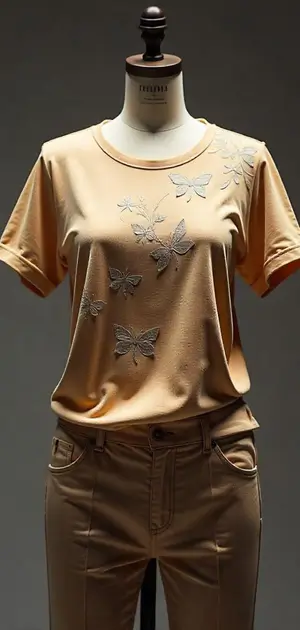 Beige T-shirt with small embossed butterfly details, styled with beige trousers