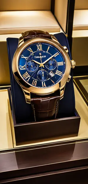 Elegant navy blue and gold chronograph watch in a premium display box