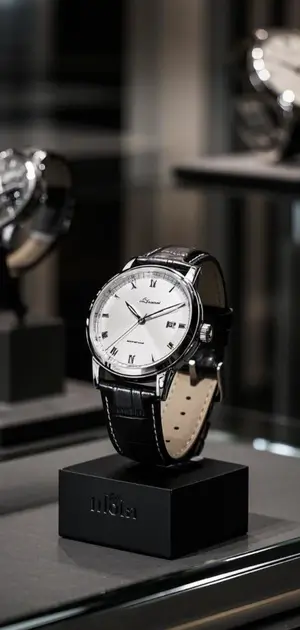 Minimalist silver watch with a white dial and black leather strap displayed in a luxury boutique.