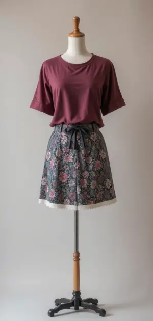 Casual maroon top paired with a grey floral athletic skirt with a bow.