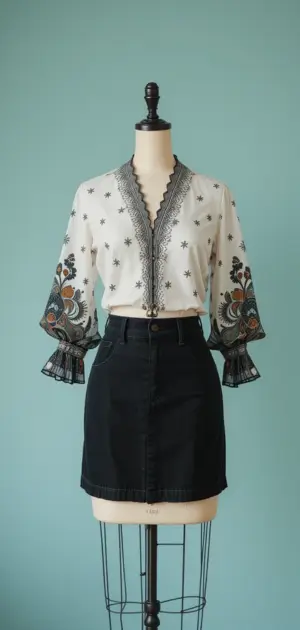 White boho embroidered blouse paired with a black mini skirt.