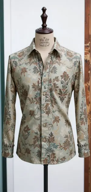 Beige bohemian dress shirt with intricate floral patterns and a slim fit.