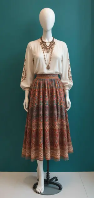 A beautifully patterned bohemian skirt paired with statement jewelry.