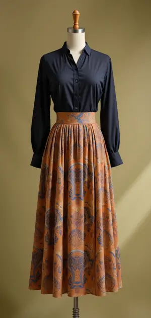 Earth-toned midi skirt with a buttoned-up navy shirt.