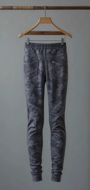 Grey leggings with a graffiti-style pattern, elastic waist, and back pockets.