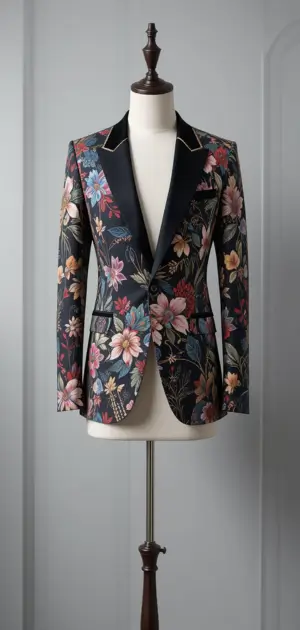 Black floral blazer with satin lapels and floral embroidery.