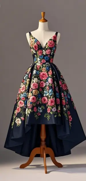 Floral lace ball gown with intricate details.