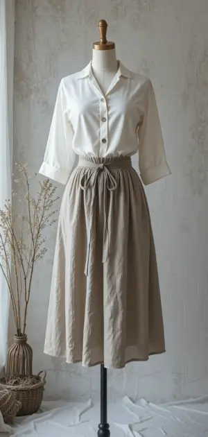 Flowy beige linen skirt styled with a light cream blouse.