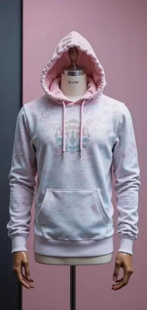 Gentle pastel pink hoodie with delicate patterns and a relaxed fit.