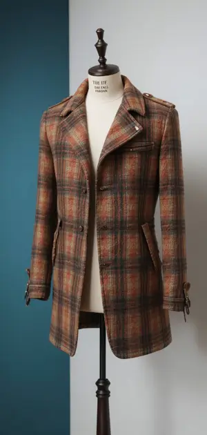 Brown plaid coat with a structured design, perfect for autumn wear.