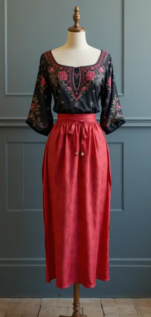 Red skirt styled with an embroidered black blouse for a bold look.