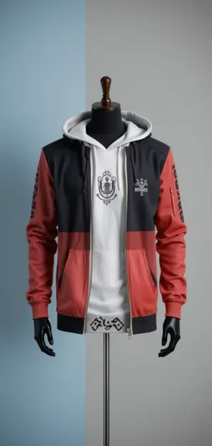 A mannequin wearing a cream sports hoodie with a detailed front design.