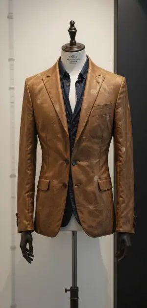 Brown leather blazer with a slim fit, styled over a navy button-up.